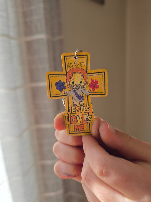 Jesus Loves Me Cross Keychain. Hand Drawn By Brantley.