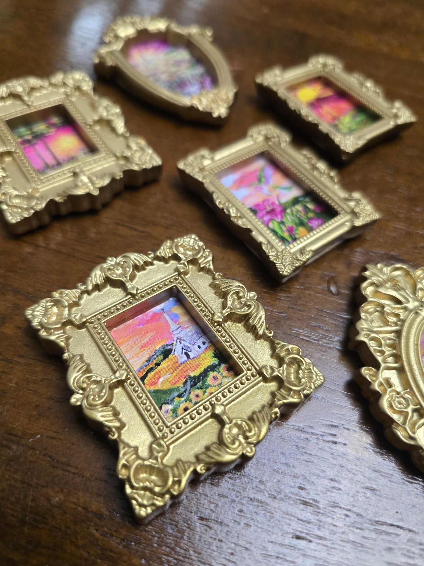 Mystery 1 Piece Magnet. Mini Golden Painted Framed, Textured Artwork Magnet.