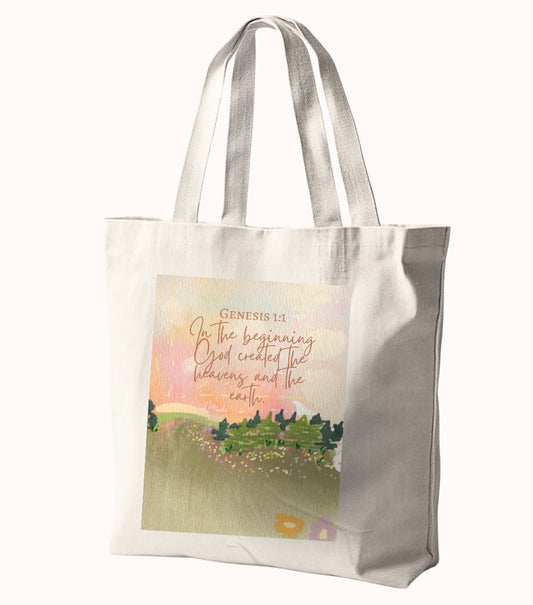 Genesis 1:1 Artwork Bible Study Tote Bag. 10in x 10in.