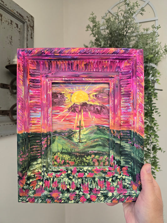 9x10in Sunrays Beaming Through The Clouds. Print Inside Original Painted Frame.