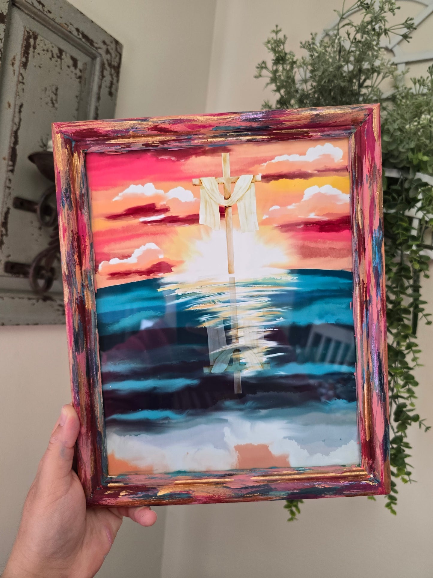 9x11in He Calms The Sea. Psalm 107:29. Print Inside Original Painted Frame.