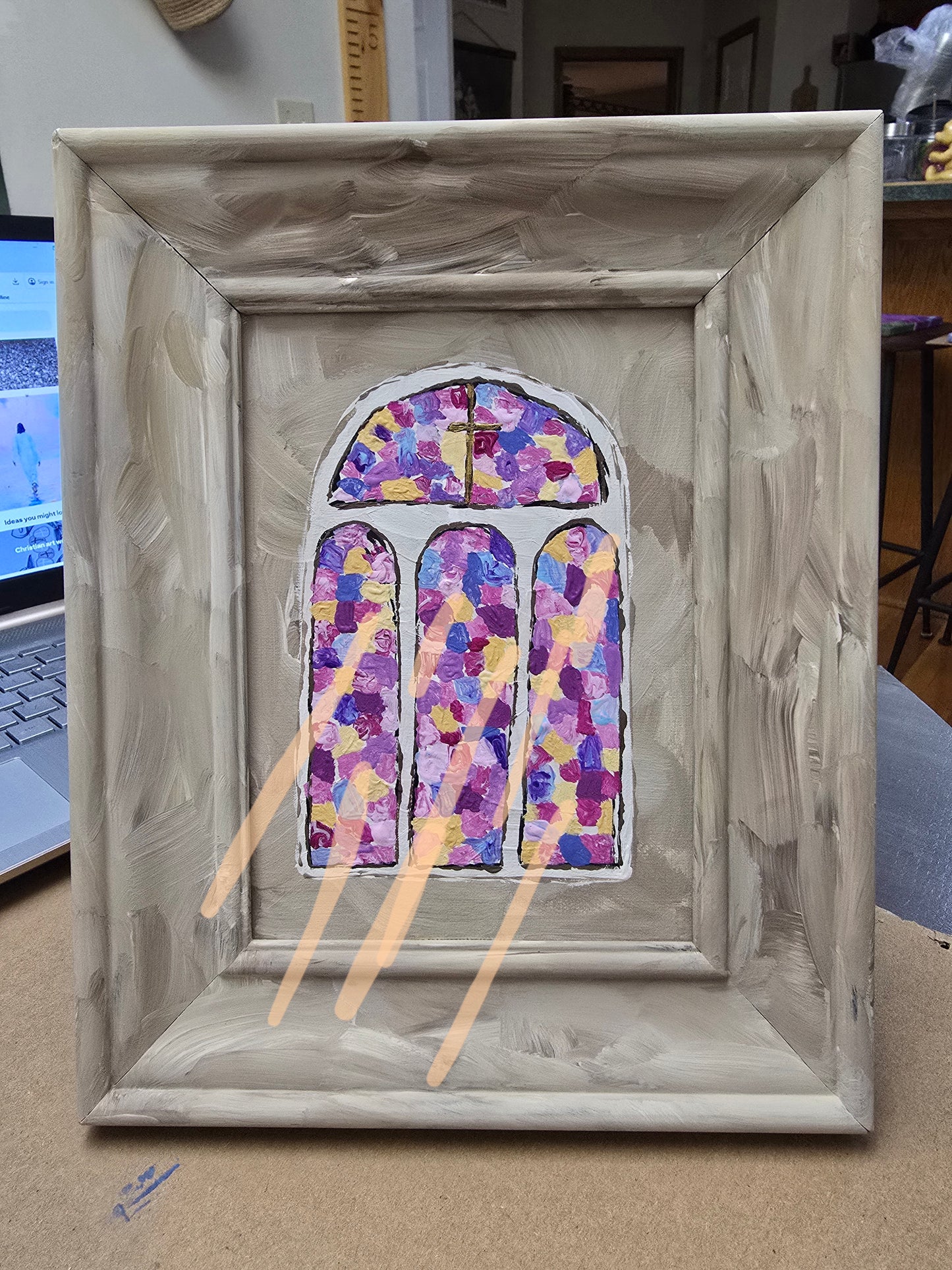 8x10in. Church Stained Glass. Original Painted Art. Canvas Inside Wooden Frame.