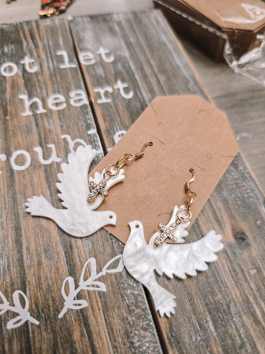 Pearl Acrylic Doves With Cross Earrings.