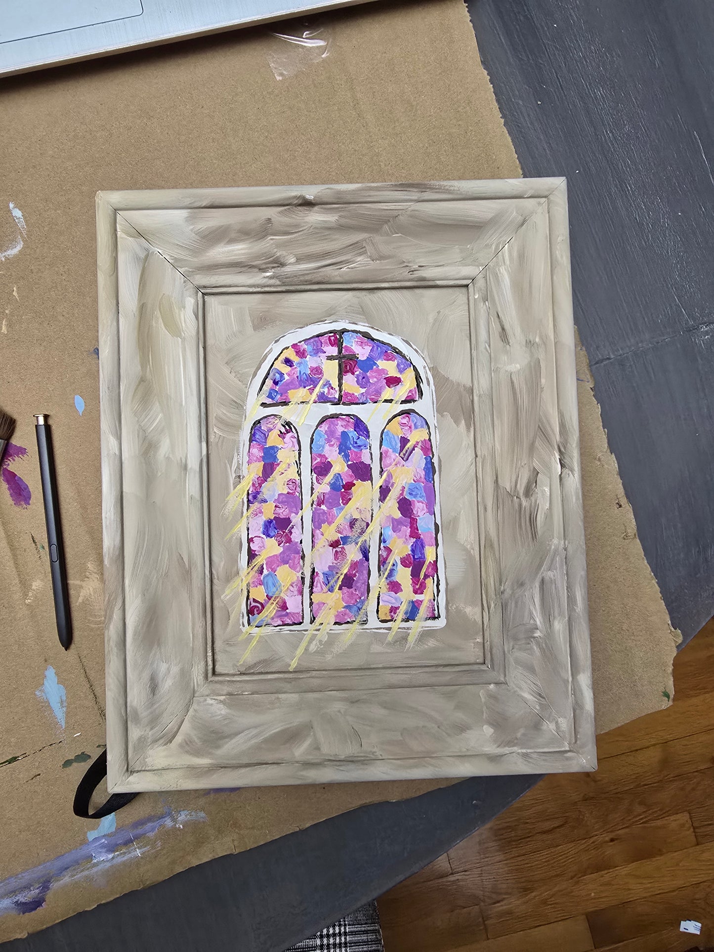 8x10in. Church Stained Glass. Original Painted Art. Canvas Inside Wooden Frame.