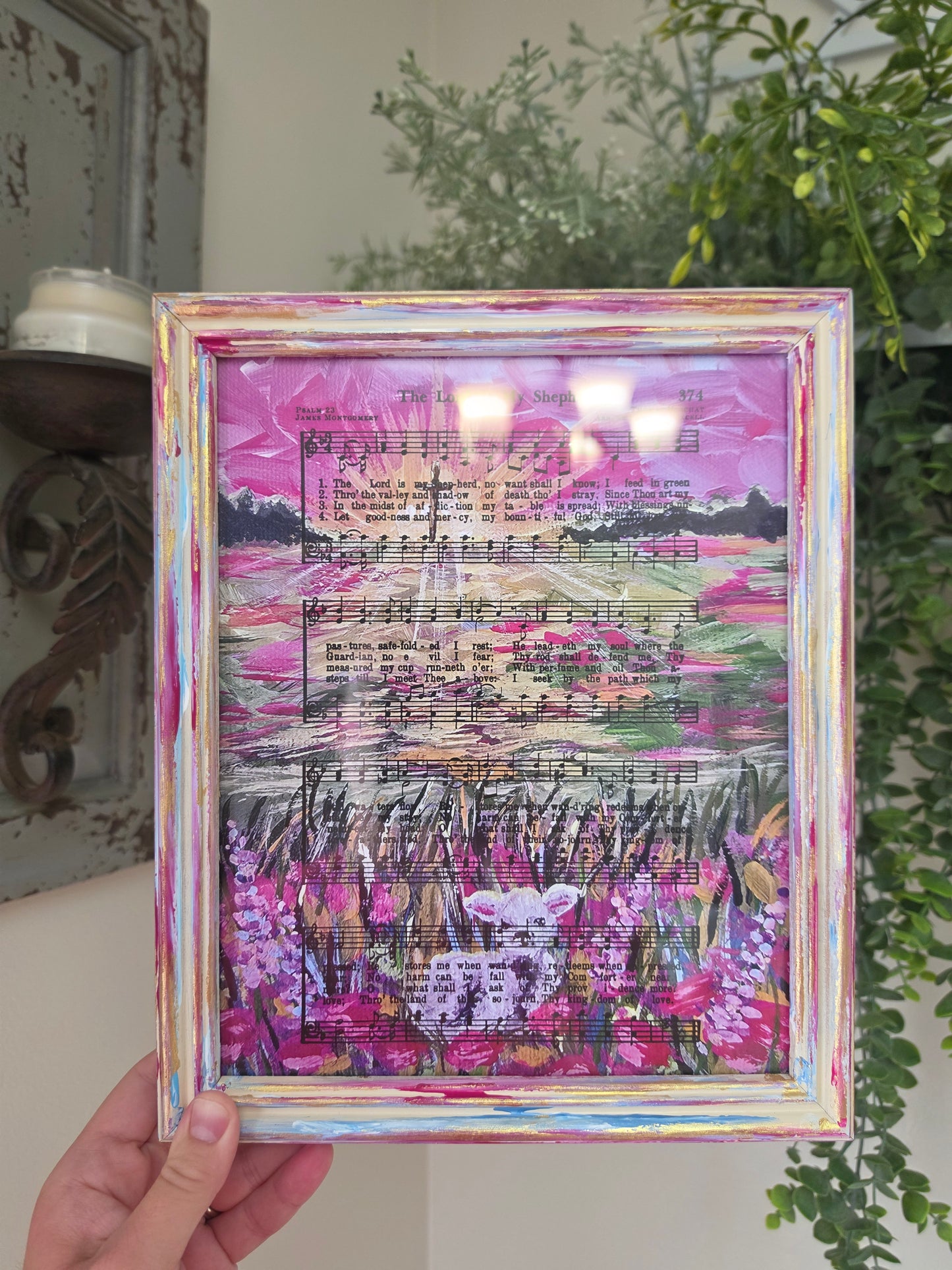 The Lord Is My Shepherd Hymn On HBM Artwork. Inside Hand Painted Frame.