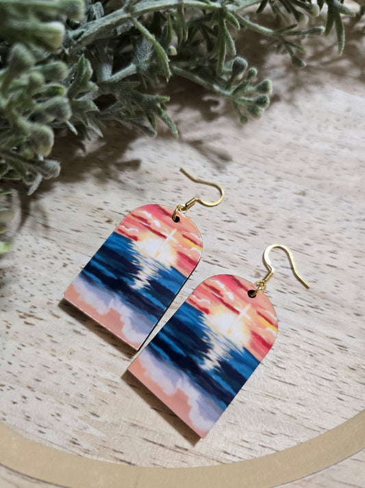 Ocean Sunset Cross. Artwork Earrings.