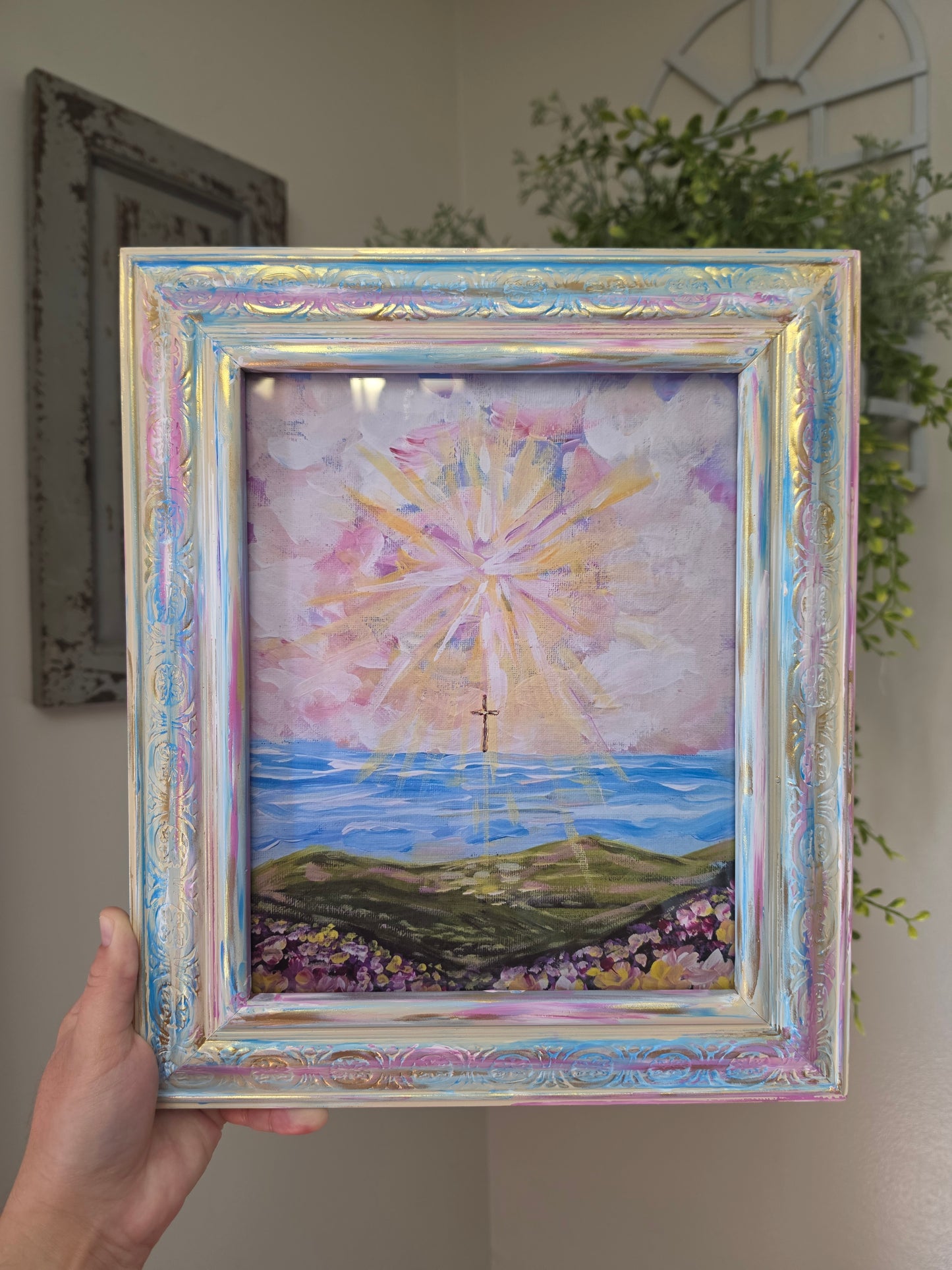 He Will Wipe Every Tear. Print Inside Hand Painted Frame.
