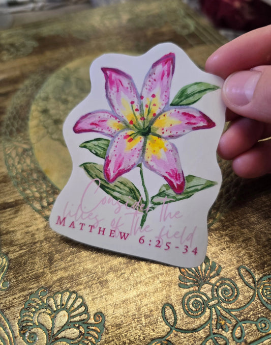 Consider The Lilies. Artwork Vinyl Waterproof Sticker. Honey Bee Mine