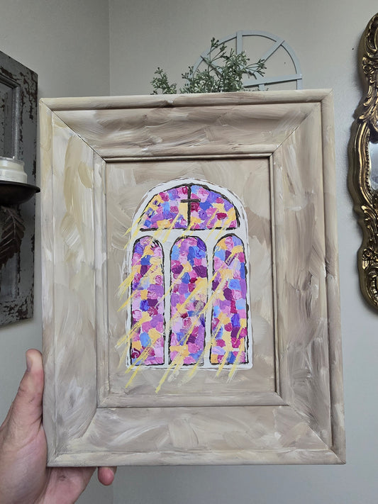 8x10in. Church Stained Glass. Original Painted Art. Canvas Inside Wooden Frame.