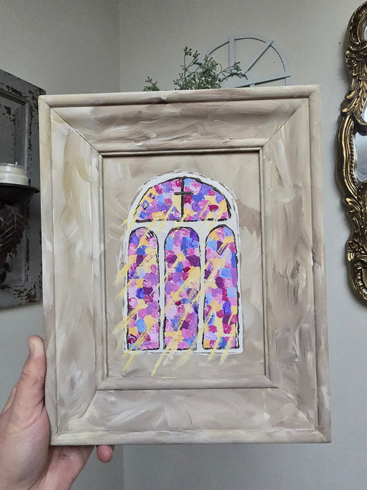 8x10in. Church Stained Glass. Original Painted Art. Canvas Inside Wooden Frame.