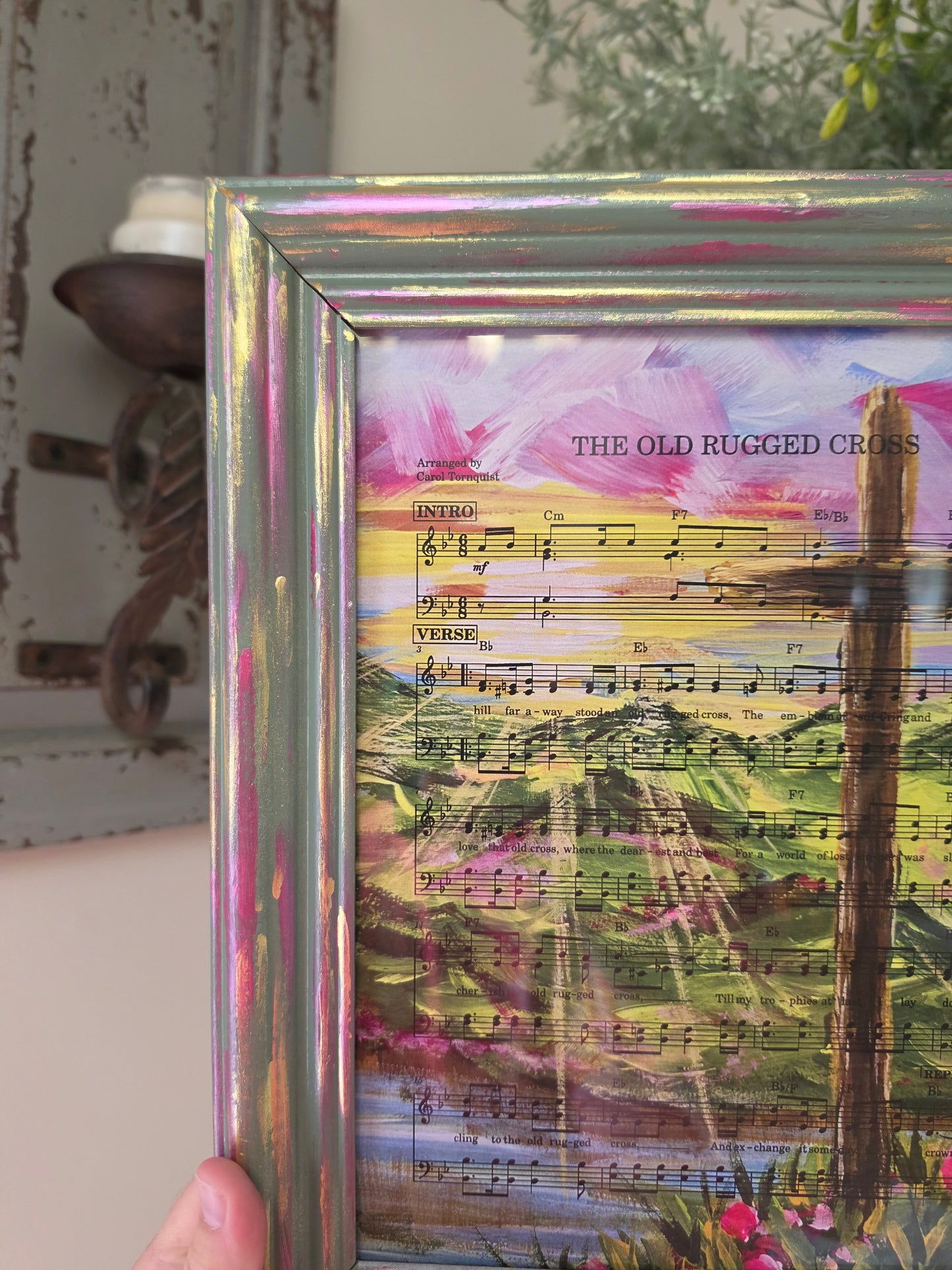The Old Rugged Cross Hymn on HBM Art. Print Inside Hand Painted Frame.