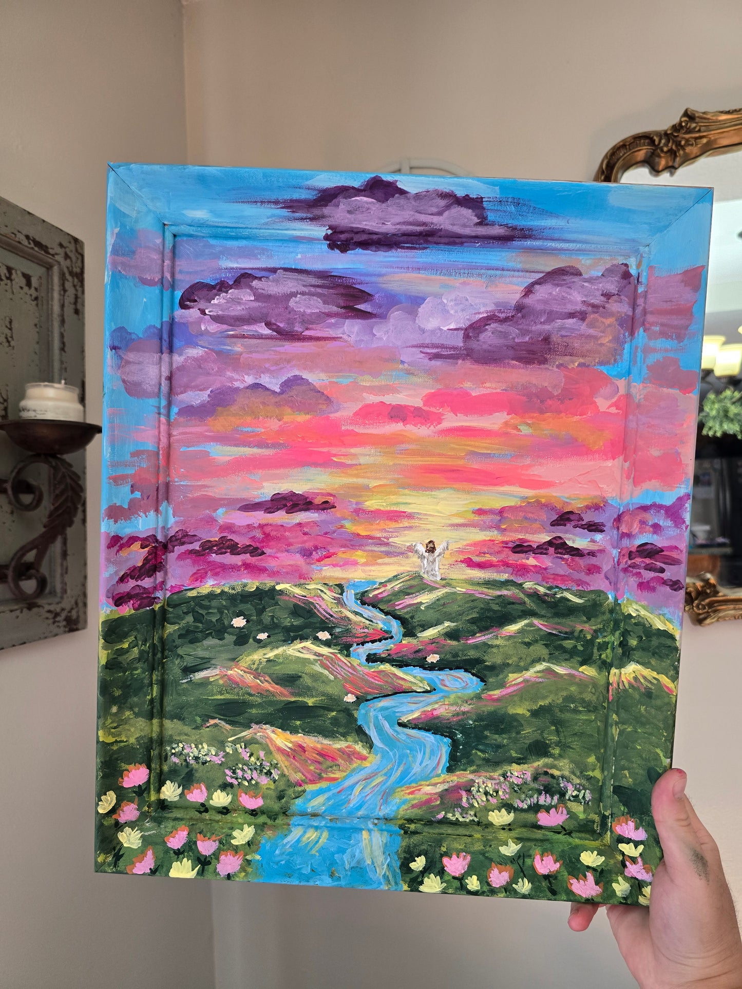 13x16in Living Waters. John 4:13-14. Original Artwork Panel Canvas Inside Painted Wooden Frame.